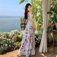 Cyflymder Summer New Style Haikou Holiday Floral Print Strapless Dress Maxi Skirt French Cake Long Dress Sleeveless Other Styles Origin Ch