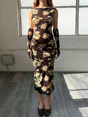 Cyflymder Vintage Mesh Maxi Dress Female Streetwear Floral Printing Open Back Off-shoulder Bodycon See Through Sexy Dress With Gloves