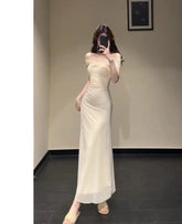 Cyflymder Pure Sexy White Off Shoulder Dress Women's Spring/Summer Slim-fit Slash Neck Wrap Hip Long Dress Fashion Female Clothes