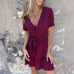 Cyflymder Casual V Neck Lace Up Beach Dress Vintage Ruffle Pleated Holiday Dress Women's Elegant Short Sleeved Summer Dress Vestidos