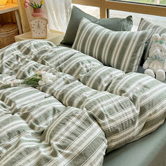 Cyflymder Class A 100% Cotton Striped Bedding Sets Yarn Dyed Washed Cotton Breathable Duvet Cover Kit Single Bedclothes for All Seasons