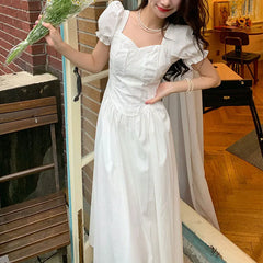 Cyflymder Fashionable Lace Spliced Midi Dress Summer Vintage Puff Sleeve Female Clothing French Style Square Collar White Waist Dresses