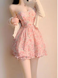 Cyflymder Sweet New Pink Sexy Dress Sweet Fresh Style Fragmented Flowers Print Waist Wrapped Slim Student Summer Short Lovely