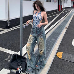 Cyflymder Vintage Y2K Ripped Jeans for Women American Streetwear Baggy Grunge Wide Leg Trousers Female Hot-Girl High Waisted Denim Pants