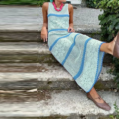 Cyflymder Womens Sexy O Neck Sleeveless Slim Party Dress Casual High Waist Hollow Out Long Dress Summer Striped Print Knitted Beach Dress