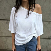 Cyflymder Women's Causal Skew Neck Half Sleeve T-Shirts Women All Match Solid Loose Thin Tops Fashion Streetwear Clothes Tees Lades