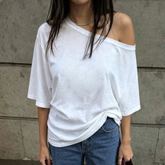 Cyflymder Women's Causal Skew Neck Half Sleeve T-Shirts Women All Match Solid Loose Thin Tops Fashion Streetwear Clothes Tees Lades