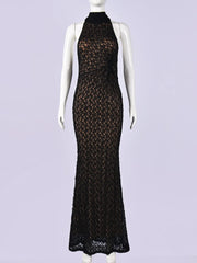 Cyflymder Two-Layered Floral Lace Halter Bodycon Dress Women Elegant Black Tie-up Sleeveless Backless Slim Evening Party Club Dress