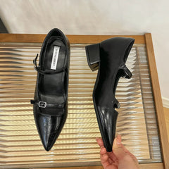 Cyflymder Summer New Pointed Shallow Mouth Coarse Follow Up Shoes for Women with One Word Strap Mary Jane Shoes with Inner High Heels