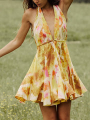 Cyflymder Women Mini Dress Sleeveless Halter Dress Backless Tie-dye Print Summer A-line Dress