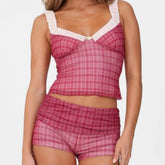 Cyflymder 2 pieces 1 set 2025 Sexy Mesh Plaid Contrast Color Elastic Strap Camisole Tank top + Ruched Low Waist Mini Shorts Skinny Suits