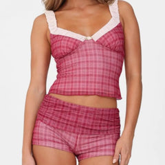 Cyflymder 2 pieces 1 set 2025 Sexy Mesh Plaid Contrast Color Elastic Strap Camisole Tank top + Ruched Low Waist Mini Shorts Skinny Suits