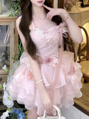 Cyflymder New Pink Fairy Lace Fluffy Mini Dress Girl Summer Sweet Floral Mesh Ruffle Dresses Aesthetic Party Sleeveless Slim Clothing
