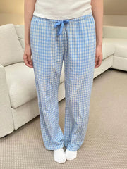 Cyflymder Sweet Blue Plaid Straight Pants Women Summer Chic Drawstring Low Waist Trousers Female Preppy Style Cozy Cotton Long Pant Y2K