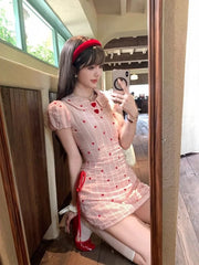 Cyflymder Sweet Hot Girl Heart Printed Striped Dress for Women's Summer Slim Fit Bubble Sleeves A-line Dress Fashion Female Clothes