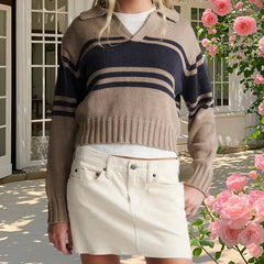 Cyflymder y2k Striped Sweater Women Aesthetic Clothing Lapel V Neck Long Sleeve Loose Crop Tops Fall Winter Clothes Streetwear