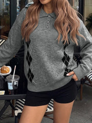 Cyflymder Autumn Vintage Argyle Turn Down Collar Long Sleeve Loose All Match Streetwear Knitted Pullovers