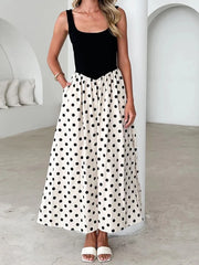 Cyflymder Polka Dot Print Patchwork Vest Dress Fashion U-neck Sleeveless Loose Long Dress Women'e Elegant Draped Pocket Party Dress