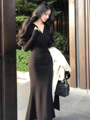 Cyflymder Korean Solid Mermaid Dress for Women Autumn V-neck Long Sleeve Folds Slim Bodycon Vestidos Elegant Evening Party Prom Robe Mujer
