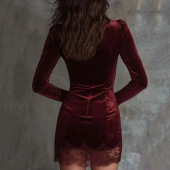 Cyflymder Sexy Lace Trim Velvet Elegant Dress For Women Elegant V-Neck Bell Sleeve Slim Fit Claret Vintage Spring Chic Party Club Dresses