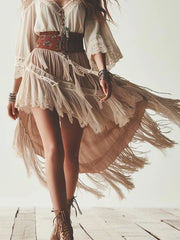 Cyflymder Women's Boho Dress Cold Shoulder V Neck Lace Fringe Ethnic Chic Elegant Irregular Hem Indie Folk Sweet Midi Dress for Summer