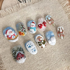 Cyflymder 24Pcs Short Round Head Fake Nails Snowfield Santa Claus Design Press on False Nails Snowman Bow Detachable Full Cover Nails Tips