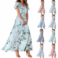 Cyflymder Women V-neck Ruffle Short Sleeve Maxi Dress Waist Tight High-waist Hem Sweet Floral Print Elegant Dress Female Clothing Vestidos