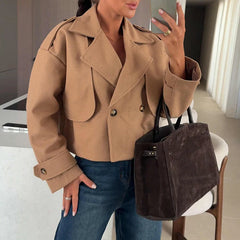 Cyflymder Fashion Double Breasted Warm Outwear Ladies Casual Streetwear Solid Color Coat Elegant Office Lapel Long Sleeved Autumn Jacket