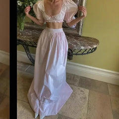 Cyflymder French Suit Women's New Short Square Neck Puff Sleeve Waist Top, High-Waisted Long Skirt