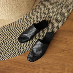 Cyflymder NEW Summer Women Mules Genuine Leather Shoes for Women Peep Toe Low Heel Shoes Cover Toe Women Sandals Concise Modern Slippers
