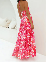 Cyflymder Elegant Floral Print Sleeveless Halter Neck Maxi Dress with Open Back and Hollow Out Detail for Summer Events and Parties