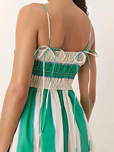 Cyflymder New Striped Printed Beach Dress Elegant Sleeveless Suspender Pleated Short Dress Leisure Backless Hollow Women Summer Dress