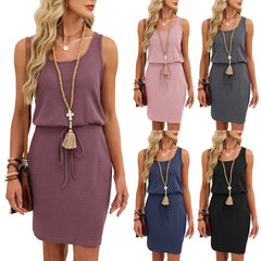 Cyflymder Summer Classic Plain Color Waist Drawstring U-neck Sleeveless Pullover Skirt Female Casual Versatile Breathable Fashion Dress