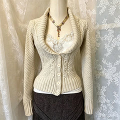 Cyflymder Women Y2K Cream White Shawl Collar Cable Knit Cardigan Long Sleeve Button‑Down Waist‑Fitted Cropped Vintage Knitted Top