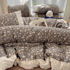 Cyflymder 3/4Pcs Korean Princess Style Floral 100% Cotton Bedding Set Vintage French Lace Duvet Cover Bed Sheet Fitted Sheet Pillowcases