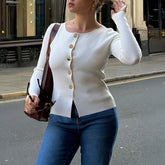 Cyflymder New Long Sleeve Sweater Casual Simple Button Shirt Knitted O-Neck Solid Color Women's Vintage Sweater Clothing 2025