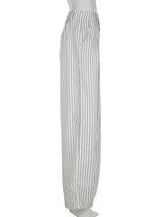 Cyflymder Casual Folds Striped Wide Leg Pants Basic Loose Low-Waisted Straight Pants Women Summer Fashion Streetwear Ladies