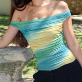 Cyflymder Gradient Color Slimming Vest for Women Slash Neck Short Sleee Backless Fashionable Sexy Top Female Summer New Style