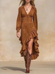 Cyflymder Women's Vintage Suede Fishtail Dress Lapel Sexy Deep V-Neck Button Slim Elegant Dress Chic Long Sleeve High Street Midi Dresses