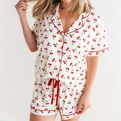 Cyflymder Cherry/Bow/Butterfly Print Shirt + Shorts Sleepwear Sets Women Lounge 2 Piece Button Up Blouse Tops Cute Pajama Set