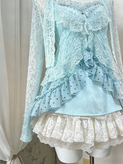 Cyflymder Japanese Lolita Sweet 3 Piece Set Women 2000s Retro Mini Skirt Vintage Lace Sleeveless Vest Casual Short Cardigan Fashion Suit