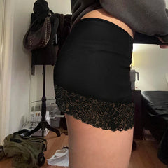 Cyflymder Lace Patchwork Bodycon Skirt Black Low-waisted Wrap Hip Mini Skirts All-match Streetwear Vintage Fashion Bottoms Women