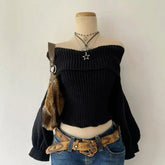 Cyflymder French Autumn Winter Turn Down Off The Shoulder Sweaters Y2k Harajuku American High Street Solid Knitted Clothes Punk Jumper