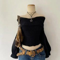 Cyflymder French Autumn Winter Turn Down Off The Shoulder Sweaters Y2k Harajuku American High Street Solid Knitted Clothes Punk Jumper