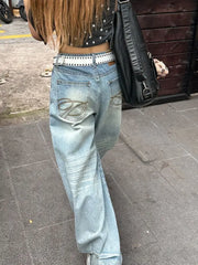 Cyflymder American Vintage Pocket Embroidered Jeans Women New Loose High Waist Slimming Versatile Wide Leg Floor Length Denim Pants