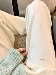 Cyflymder White rhinestone knitted pants for women autumn winter high waist thick warm loose soft straight leg wide leg pants 2025 New