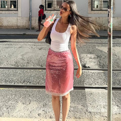Cyflymder Pink Glitter Skirts Women Fashion Sexy Sequins See Through Slim Skirts 2025 new summer Vintage Y2k Hot Girls Party Club Skirts