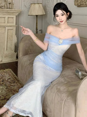 Cyflymder Women Dresses Off Shoulder Sexy Mesh Patchwork Split Backless Temperament Elegant Dress Party Ladies Fashion Cocktail