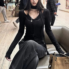Cyflymder Female Clothing Stylish Embroidery Pullovers Halter Ribbon Button Autumn Winter Lace Spliced Slim Long Sleeve Knitted T-shirts
