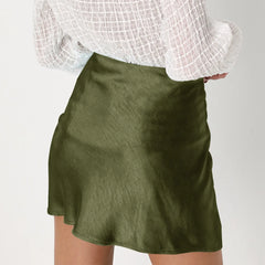 Cyflymder High Waist Zipper Satin Ribbon Lined Skirt For Lady Fashion Solid Color Lightweight Verrsatile Summer A-line Half Skirt